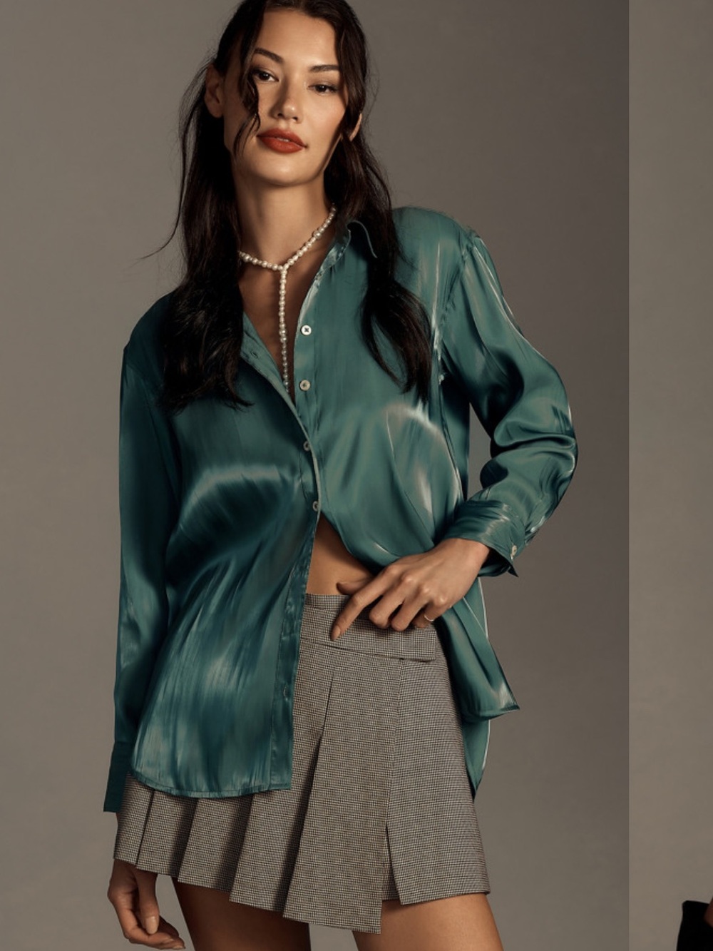 Anthropologie Silky Iridescent Buttondown Shirt Green SP